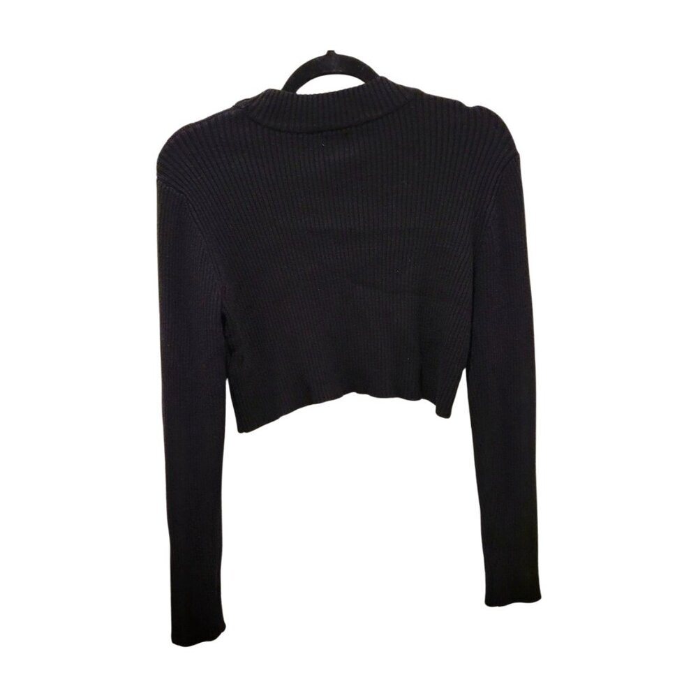 Joie Black Rib Knit Crop Top Overlap Front Long Sleeve Crew Neck Size L - Picture 4 of 8